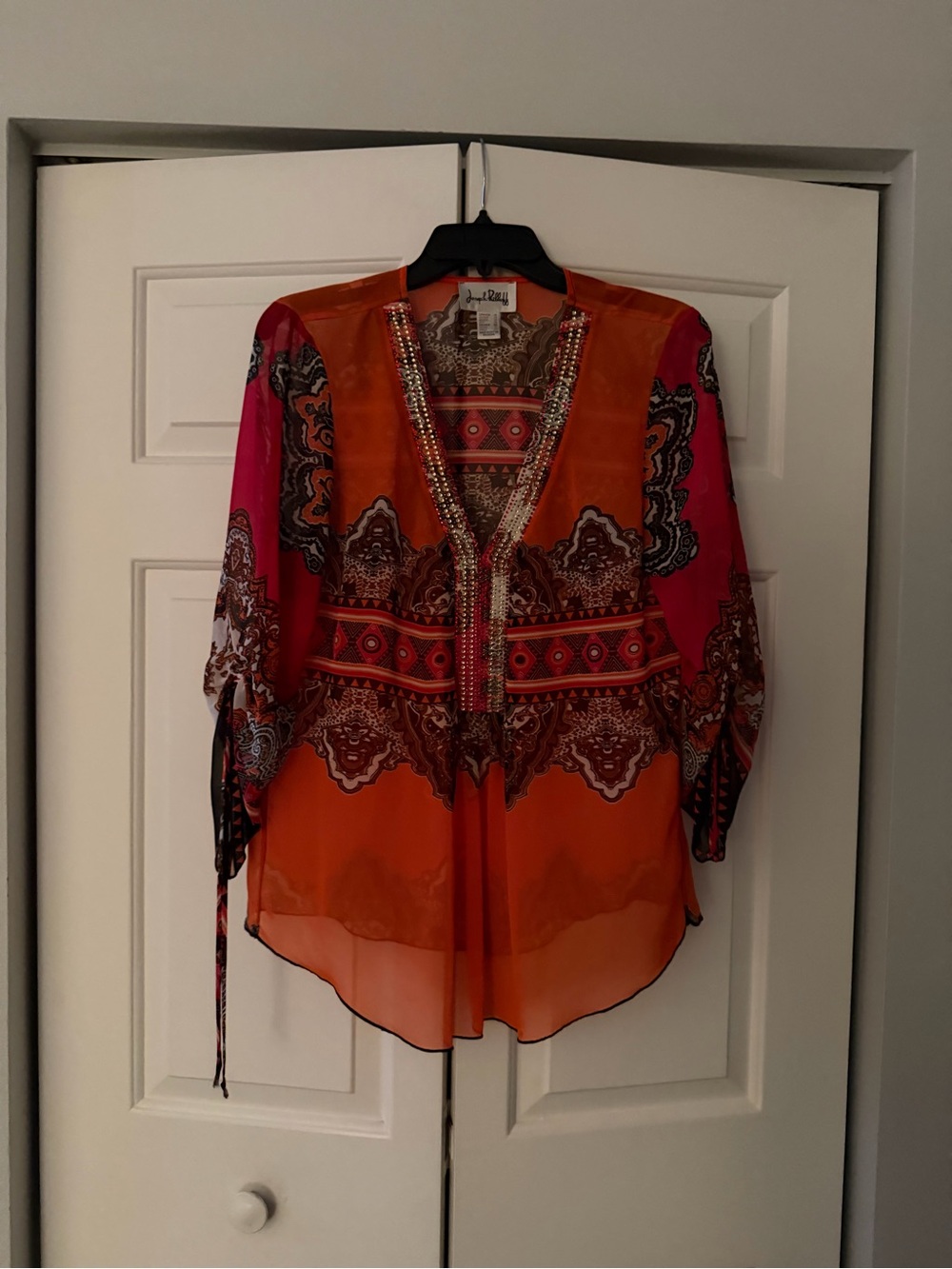 Joseph Ribkoff Orange and Pink Printed Beaded V-Neck Blouse 10